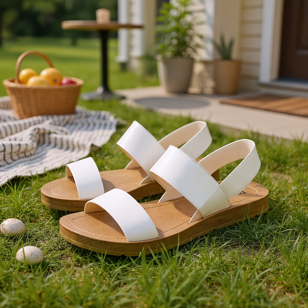 1 pair womens white slip on sandals breathable synthetic cover flat heel open toe design for casual commuting   with straw hat basket in the background summer footwear comfortable footwear Product details 0