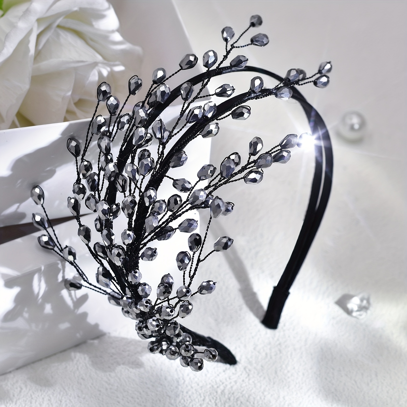 Image of 1 Elegant Women's Black Beaded Headband, Sparkling Rhinestone Headpiece, Suitable For Parties And Special Occasions A214