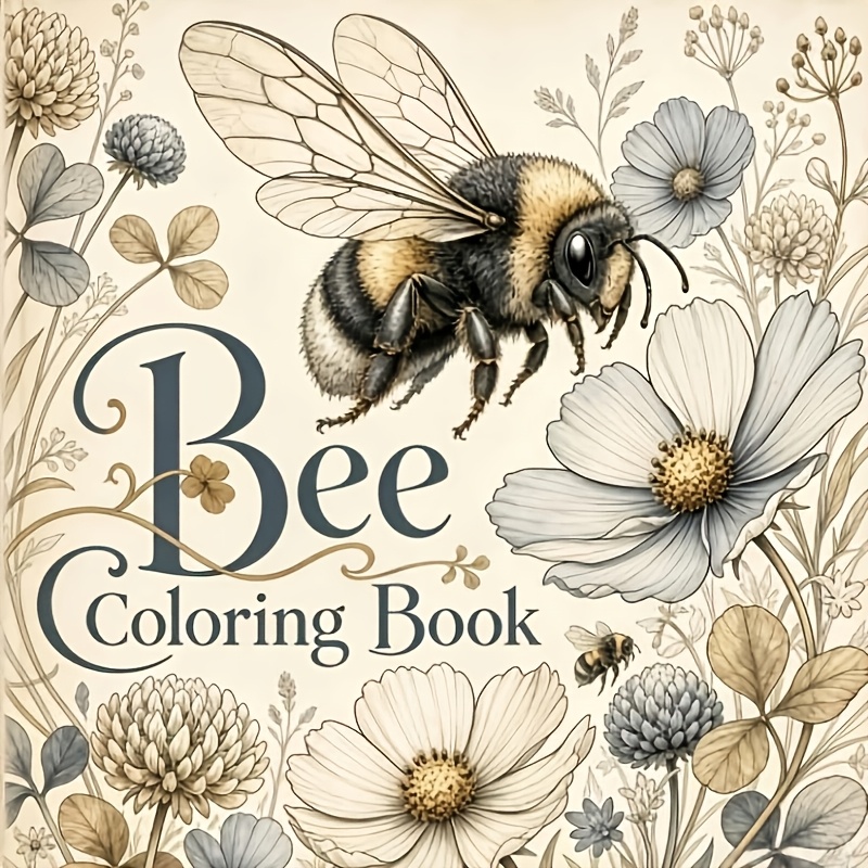 TEMU 1 20x20cm 24-page Single-sided Printed Bee Coloring Book, A Stress- And Mood-soothing Coloring Book Featuring Flowers, Letters, Word Art, And