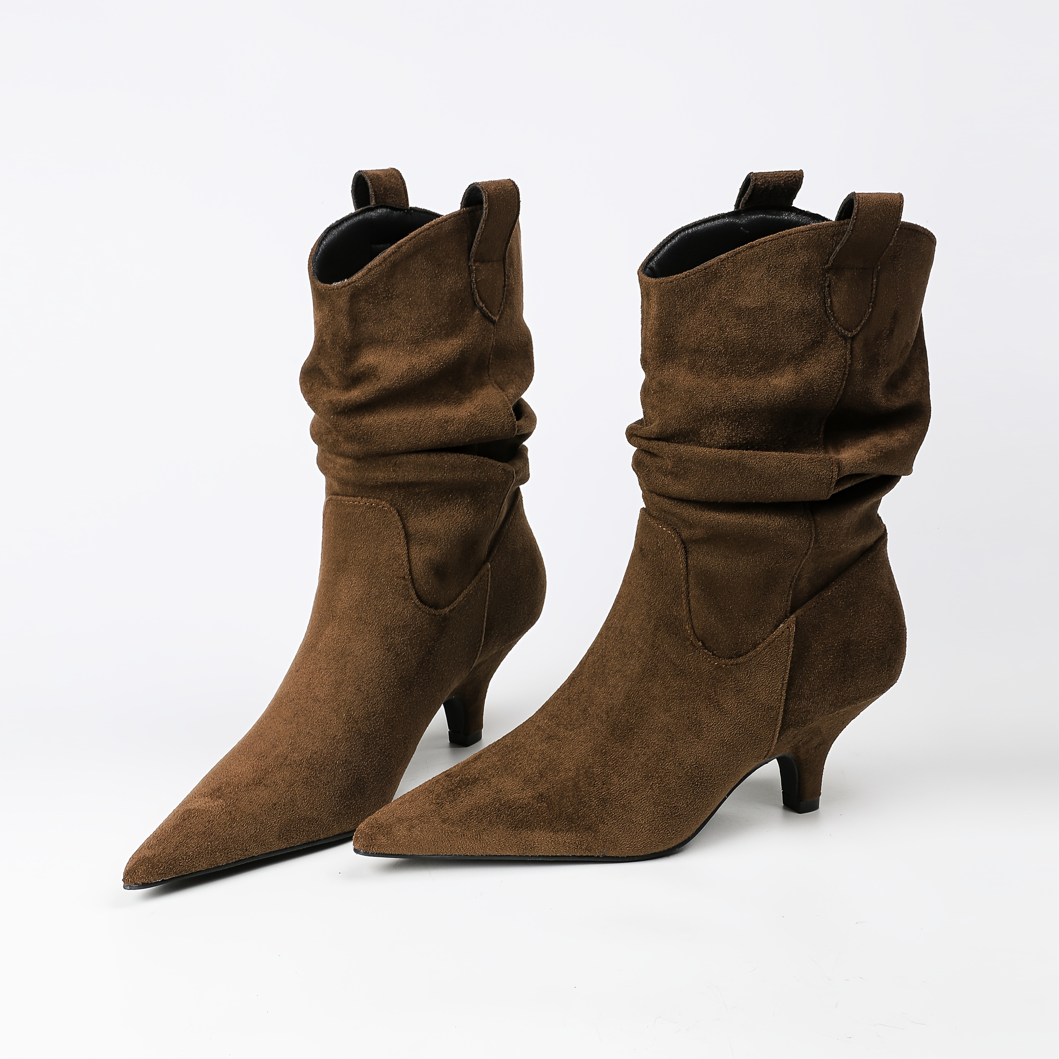Image of Retro Stacked Heel 's Pointed Toe Stiletto Pleated Mid-calf Boots Retro High-heeled Cowboy Ankle Boots, Women Shoes