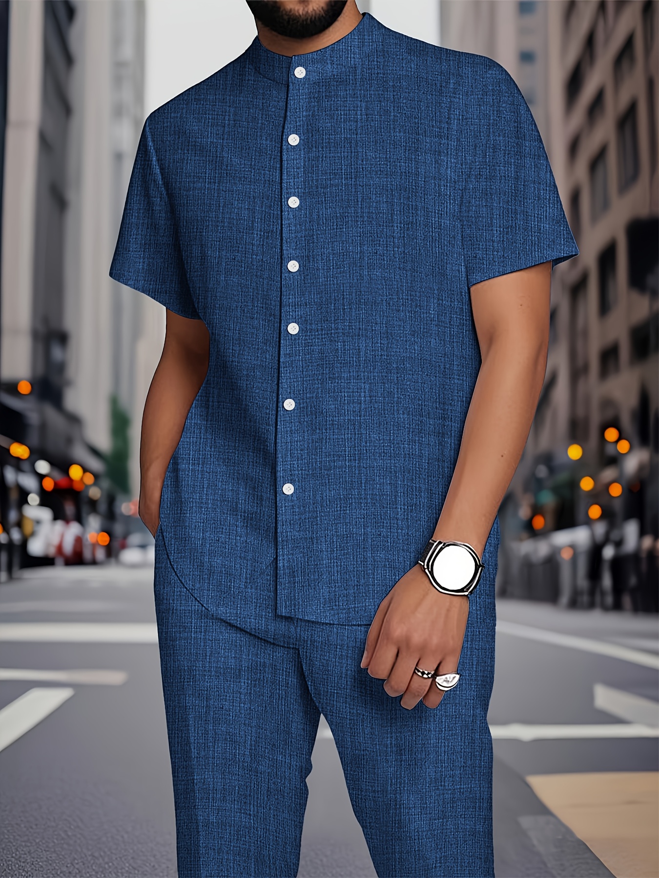 European and American new Men's fashionable and comfortable short-sleeved stand-up collar shirt set striped texture fabric stand-up collar short sleeve shirt and casual trouser set
