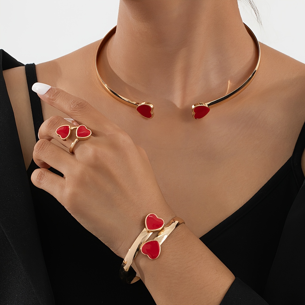 3pcs Metal Heart Bracelet Ring Set for Women