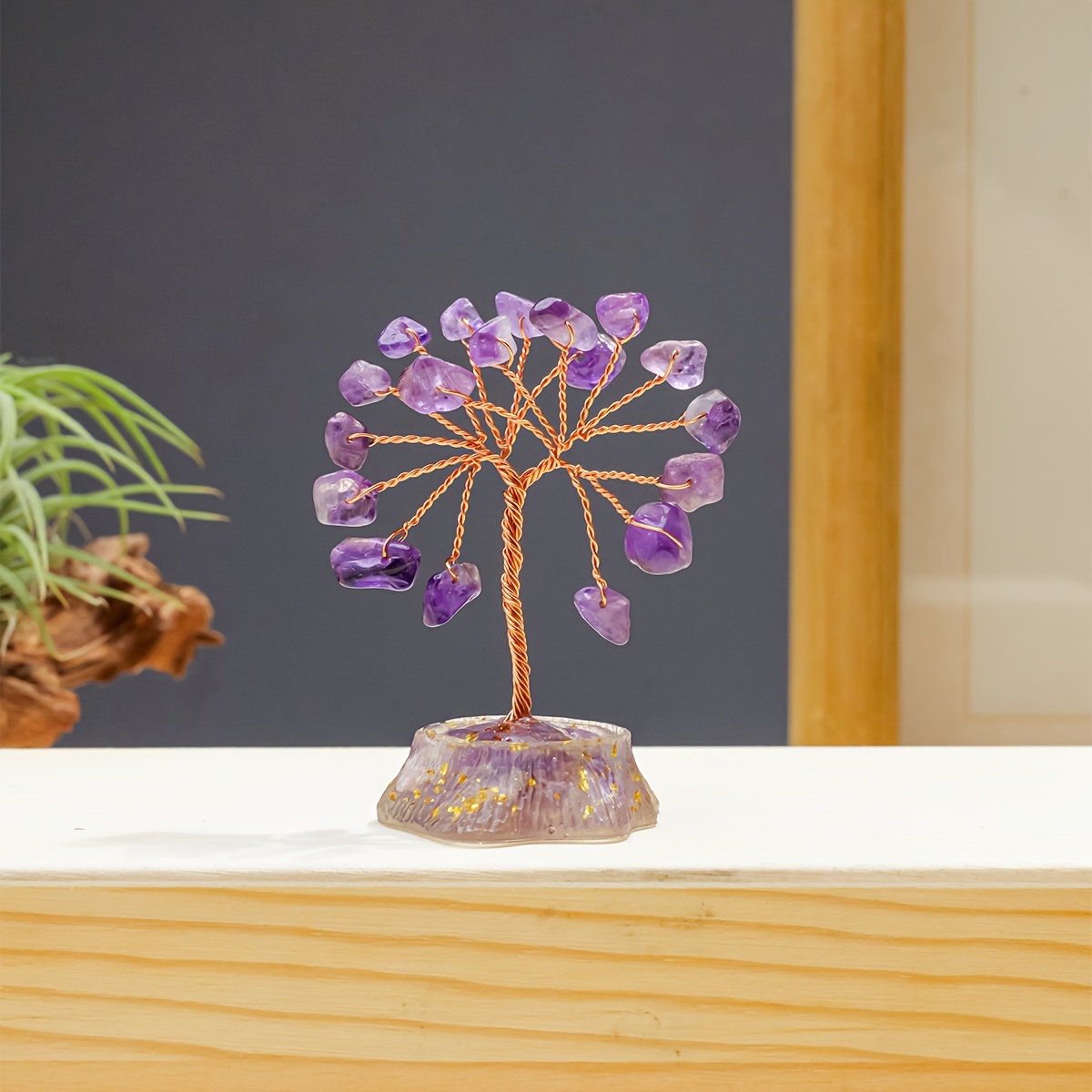 TEMU 1pc Elegant Handmade Natural Tree Ornament With Resin Base, Natural Crystal Crushed Heads, Potted Plants For Car And Home Decoration