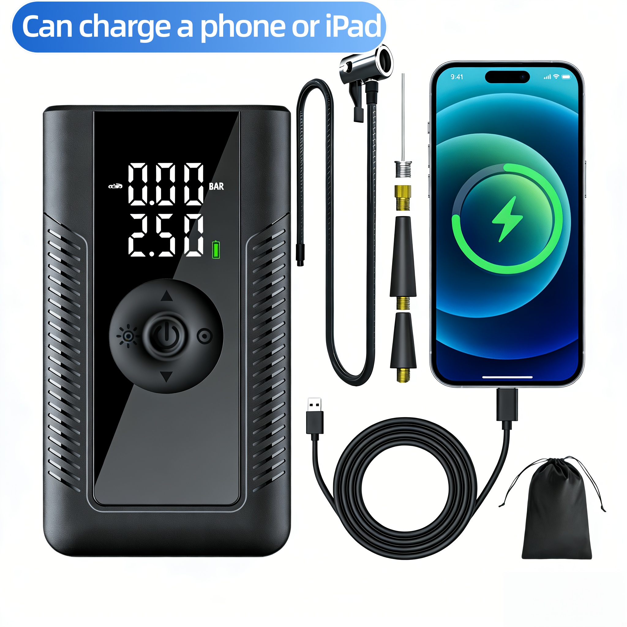 TEMU Gonfleur de Pneus Portable | Compresseur d'Air Portable 150PSI Fil Rechargeable Pompe à avec Lumière LED et Arrêt Automatique | Gonflage 5X Plus