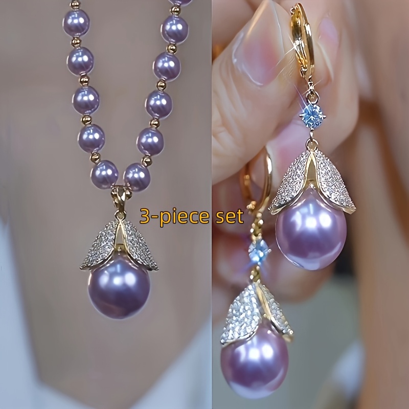 TEMU An Elegant Three-item Jewelry Collection Featuring A Purple Pearl Fishtail Pendant Necklace And Matching Earrings, With Style To Highlight
