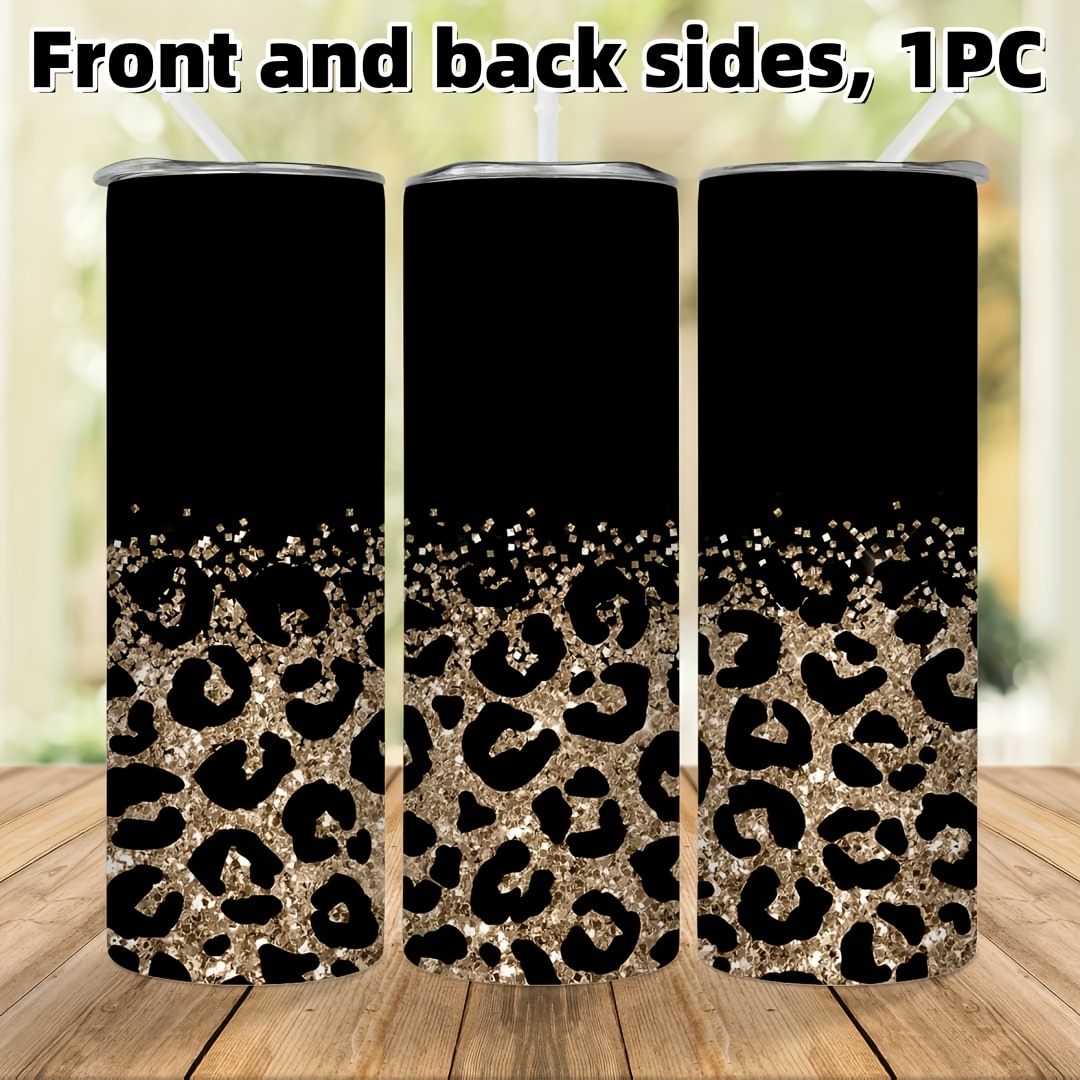1pc 20oz Leopard Print Water Cup Stainless Steel Insulated Mug (with Straw)