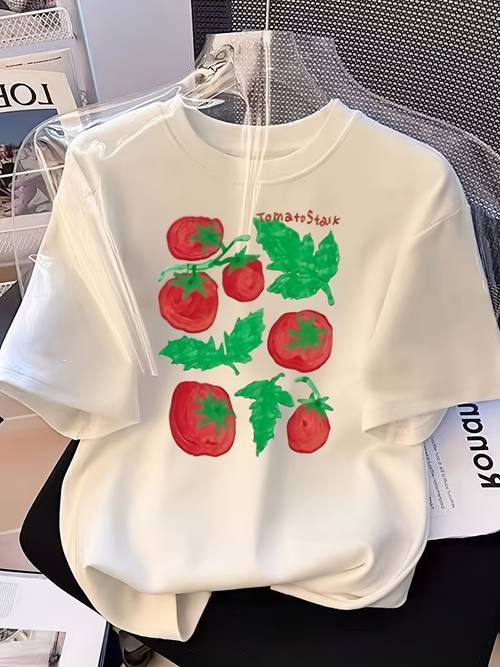 girls short sleeve t shirt tomato print blouse suitable for middle older kids round neck top with fruit vegetable applique machine washable summer casual wear for everyday outfits tomato