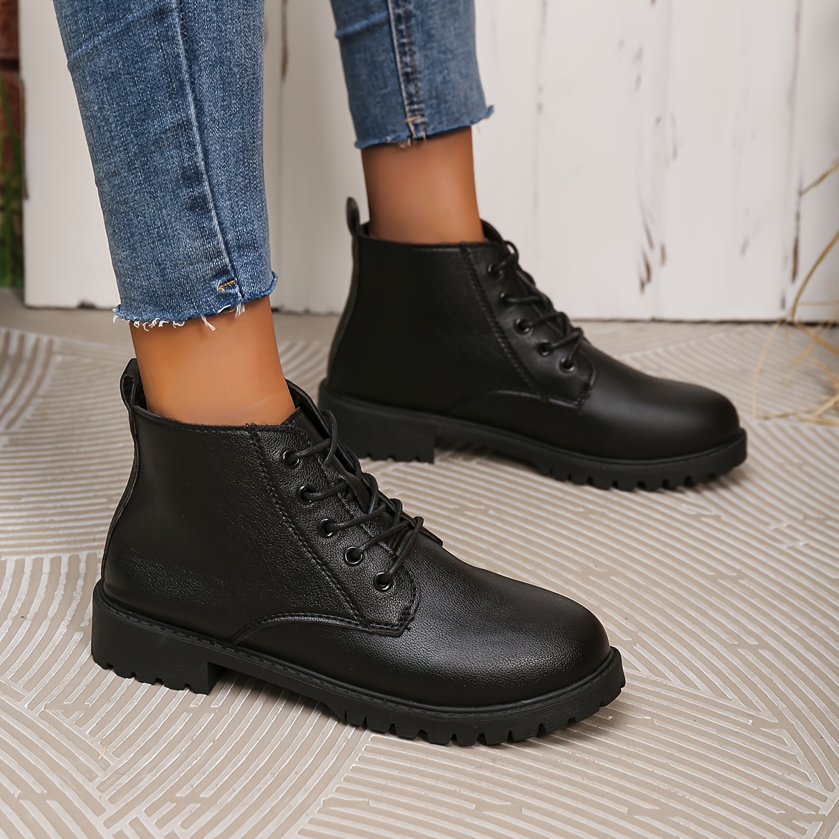 women's retro western punk style lace ankle boots chunky low