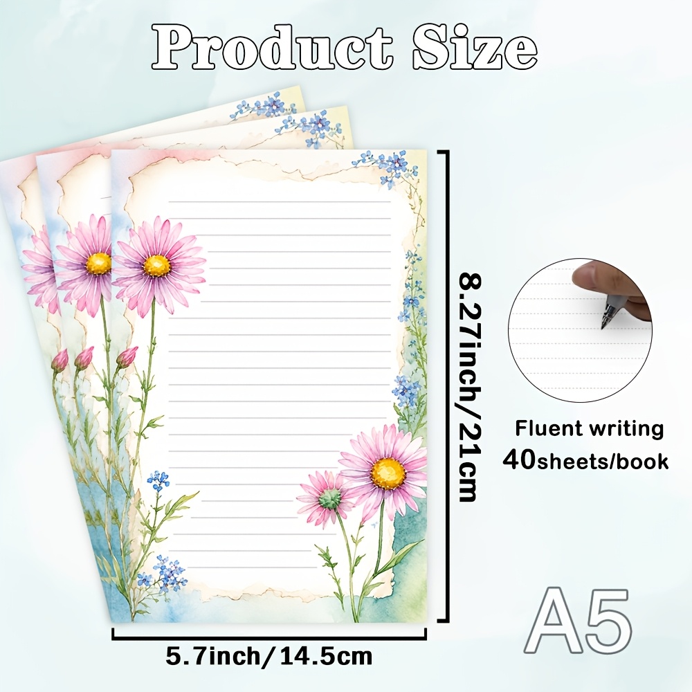 TEMU 40sheets Letter Paper, Pink Daisies And Small Blue Blossoms, Whimsical Design, Friendship Message Books, Diaries, Planners, Sticky Notes, Etc.