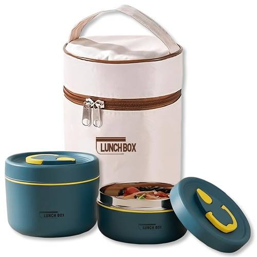 item picture 3pcs food container set 2pcs round stackable leakproof thermal food container 1pc insulated bag insulated lunch box with stainless steel interior for men women
