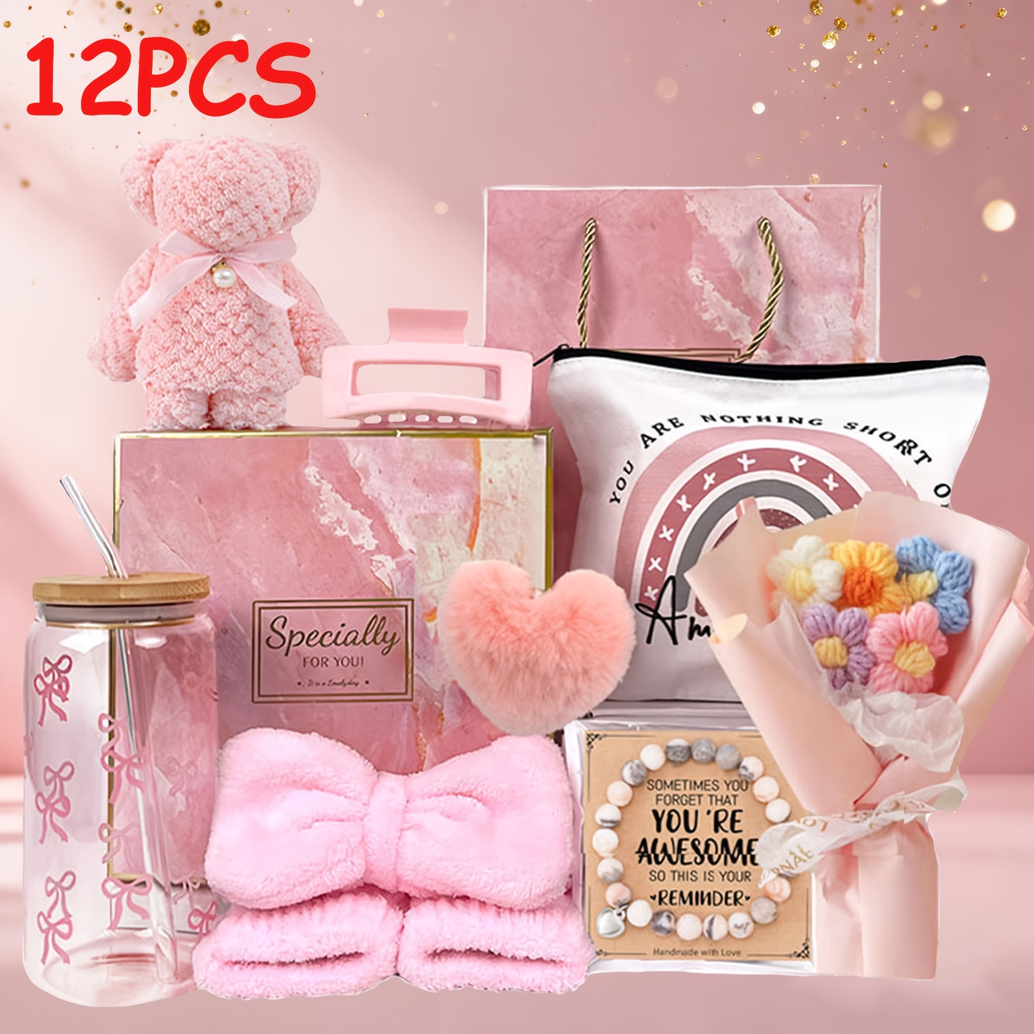 E-shop 12-teiliges Geschenkset für Damen mit Handtüchern, Trinkbechern & Haarklammern – & Karomuster, geeignet für Mama, Ehefrau, Tochter –