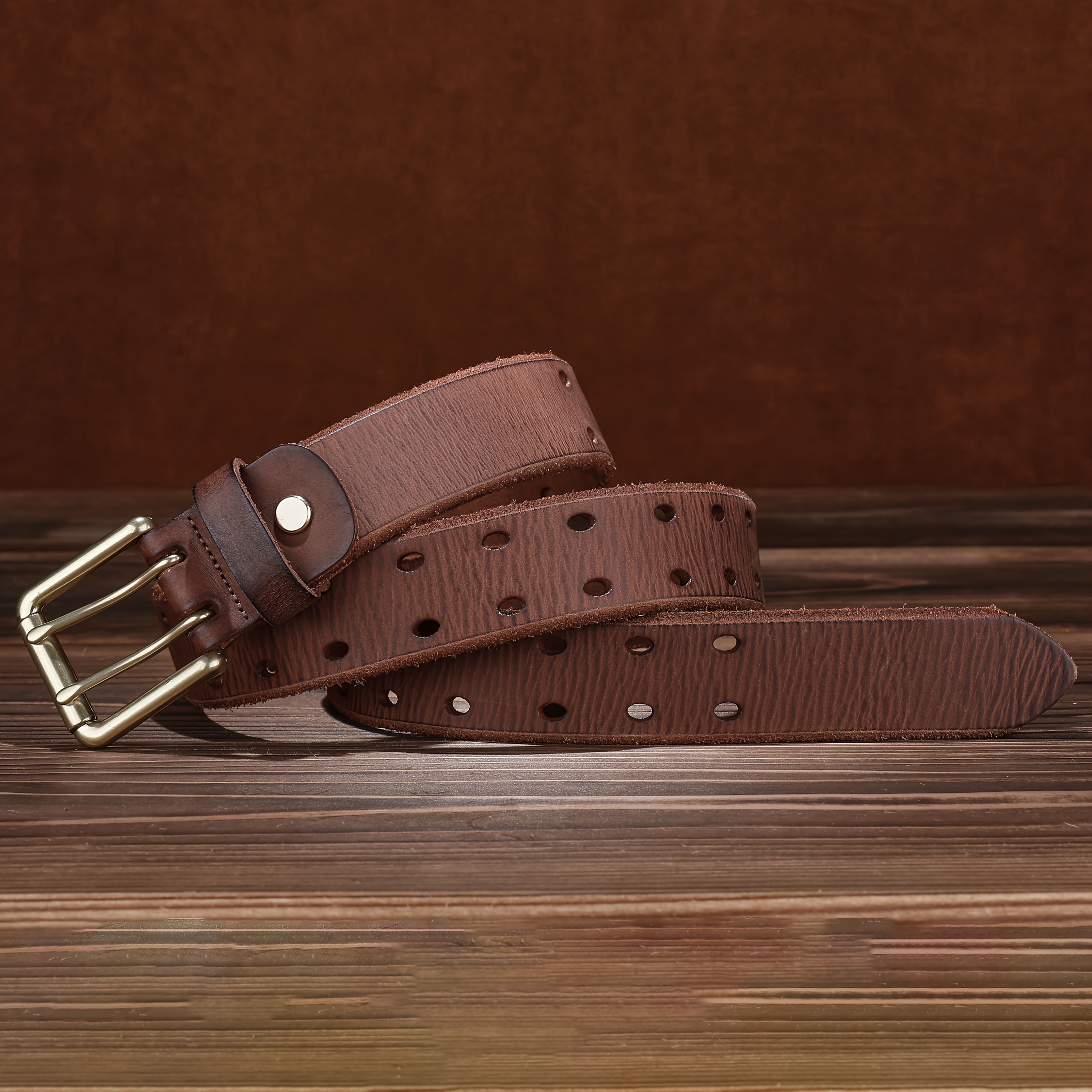 Vintage Distressed Texture Leather Belt with Double-Needle Buckle