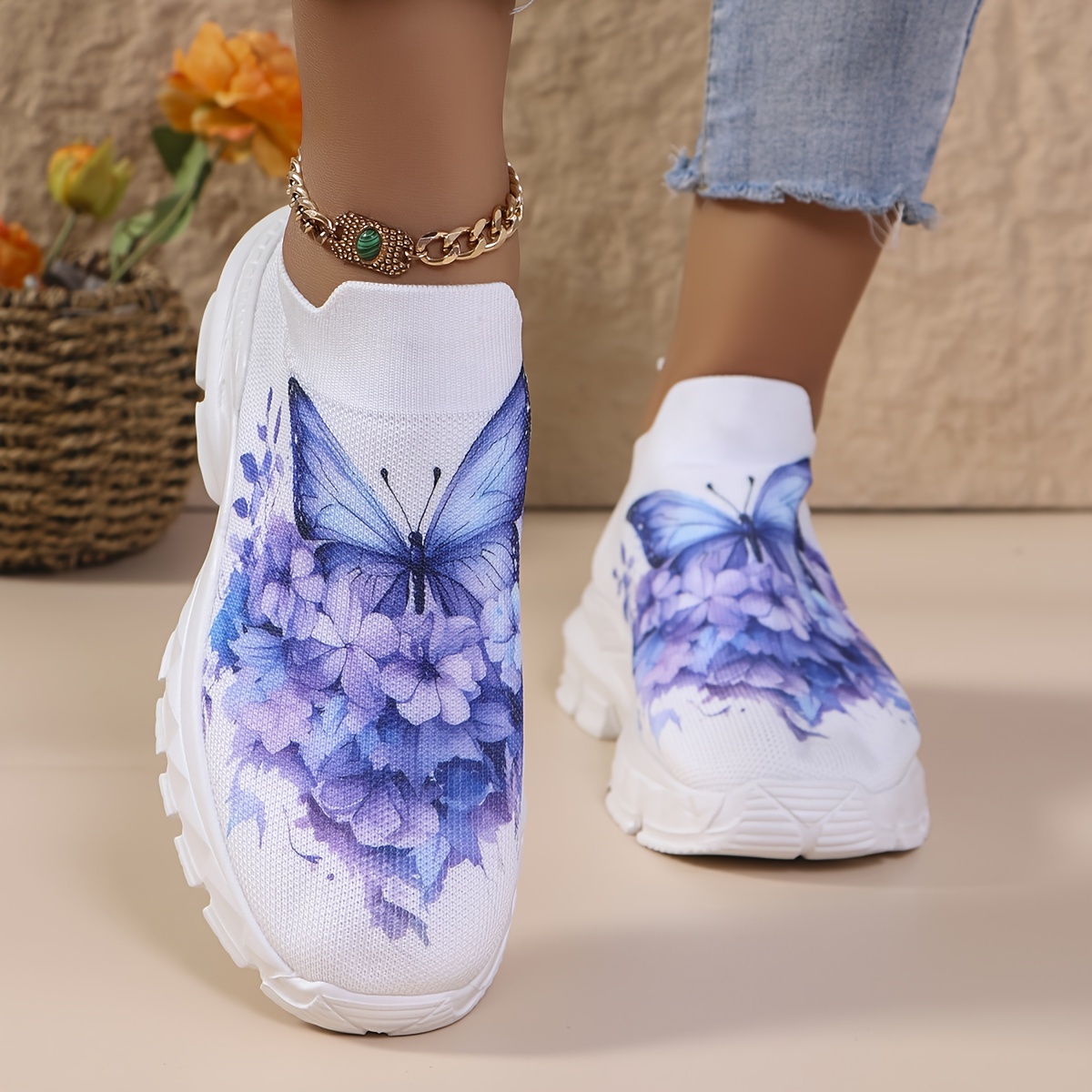 

Women's Floral & Butterfly Sneakers, Slip On Lightweight Soft Sole Walking Shoes, Breathable Low-top Sock Shoes