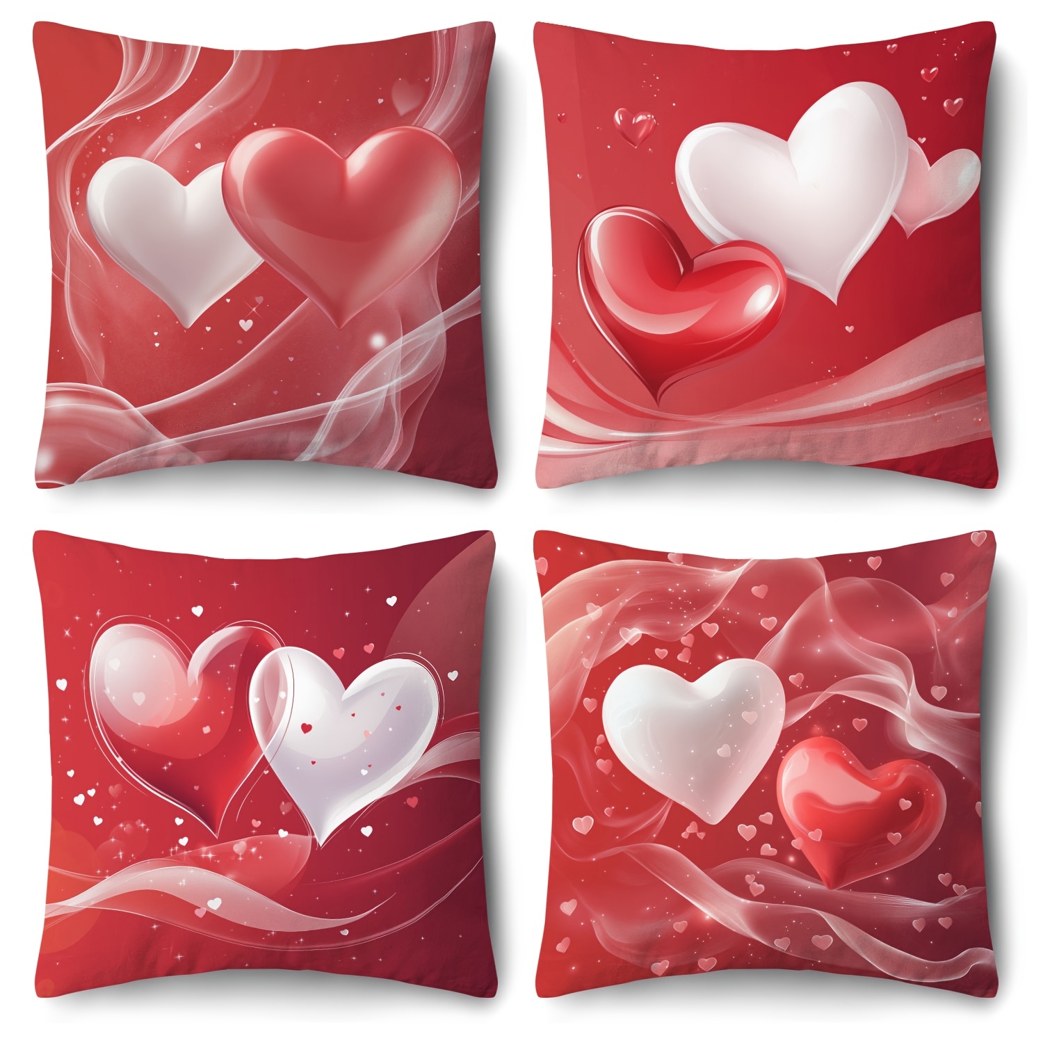 

Valentine's Day 4pcs Pillow Set - Romantic Hearts With Silvery Accents, 18x18 Inches, Zip Closure, Machine Washable - Living Room Decor