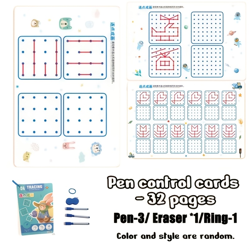 32--pen Reusable Learning Practice Book - Colored Pens And Rings, Random Painting Patterns, Sturdy Paper, Connector, Enhances Imagination, Suitable For Learning Activities, Cognitive Development