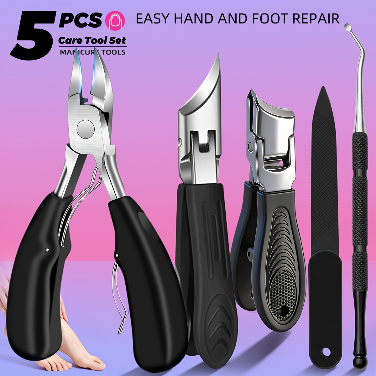 Image of 5pcs Professional Nail Care Kit | Stainless Steel Clippers, Nail File, Nail Cleaner For Ingrown Nail, Nail Trimming, Daily Nail Maintenance - Portable And Versatile For Hand And Foot Care