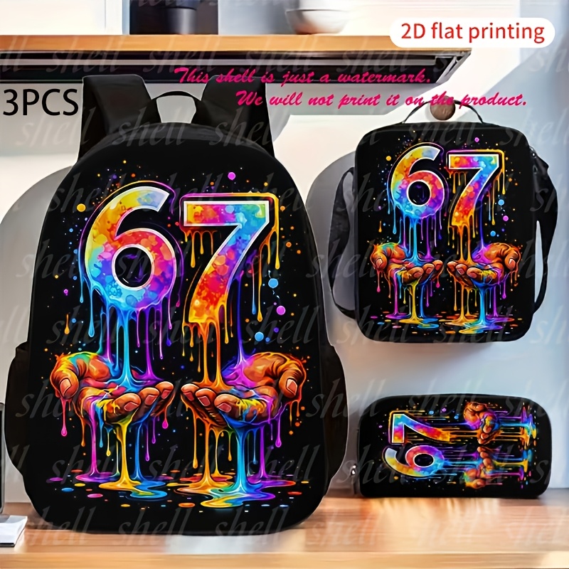 TEMU 1pc/3pcs Sac à dos imprimé 67 de couleurs (impression 2D à plat), une trousse à crayons et un sac bandoulière à fermeture éclair - Sac à dos de