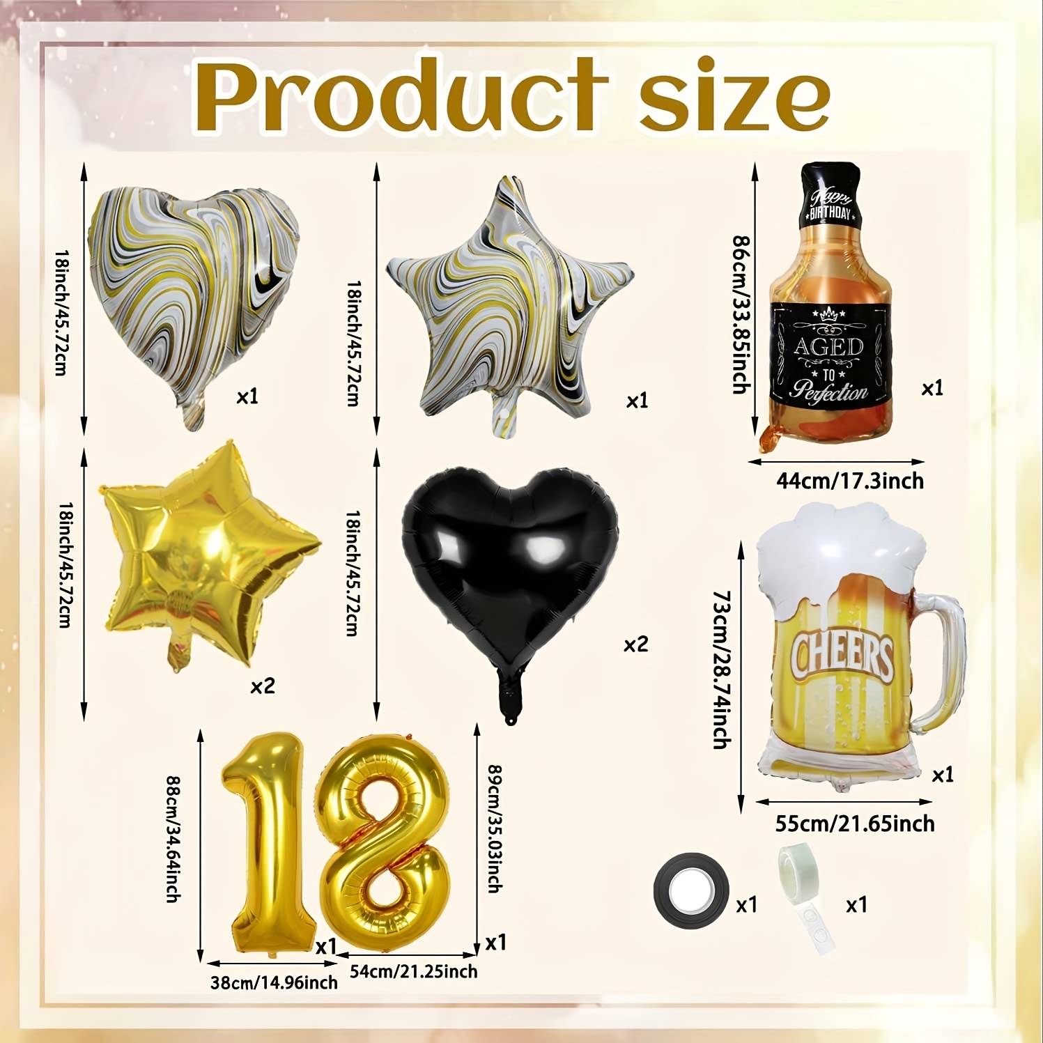 Image of 10pcs Elegant 18th Birthday Party Decor Kit - Golden & Black Foil Balloons With "18" & "cheers" Banner, Beer Mug & Star Shapes - Ideal For 's Milestone Celebration, No Electricity Required