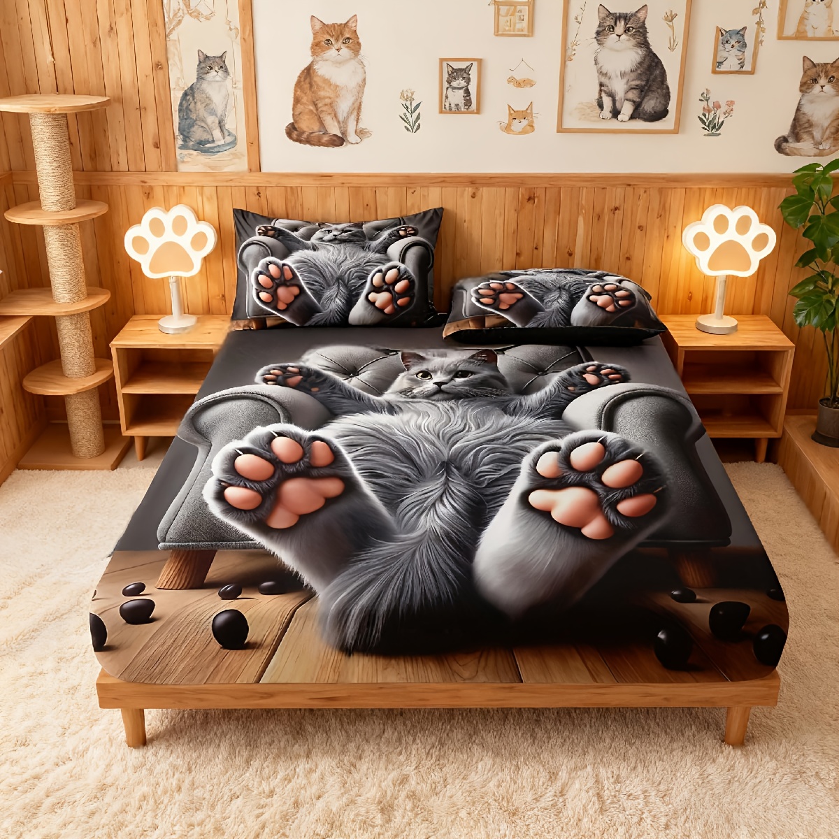 TEMU 3pcs Animals Cat Printed Fitted Sheet Set, Queen Mattress Cover, Twin Mattress Protector, King Bedding, Polyester Machine Washable, Bedroom ,