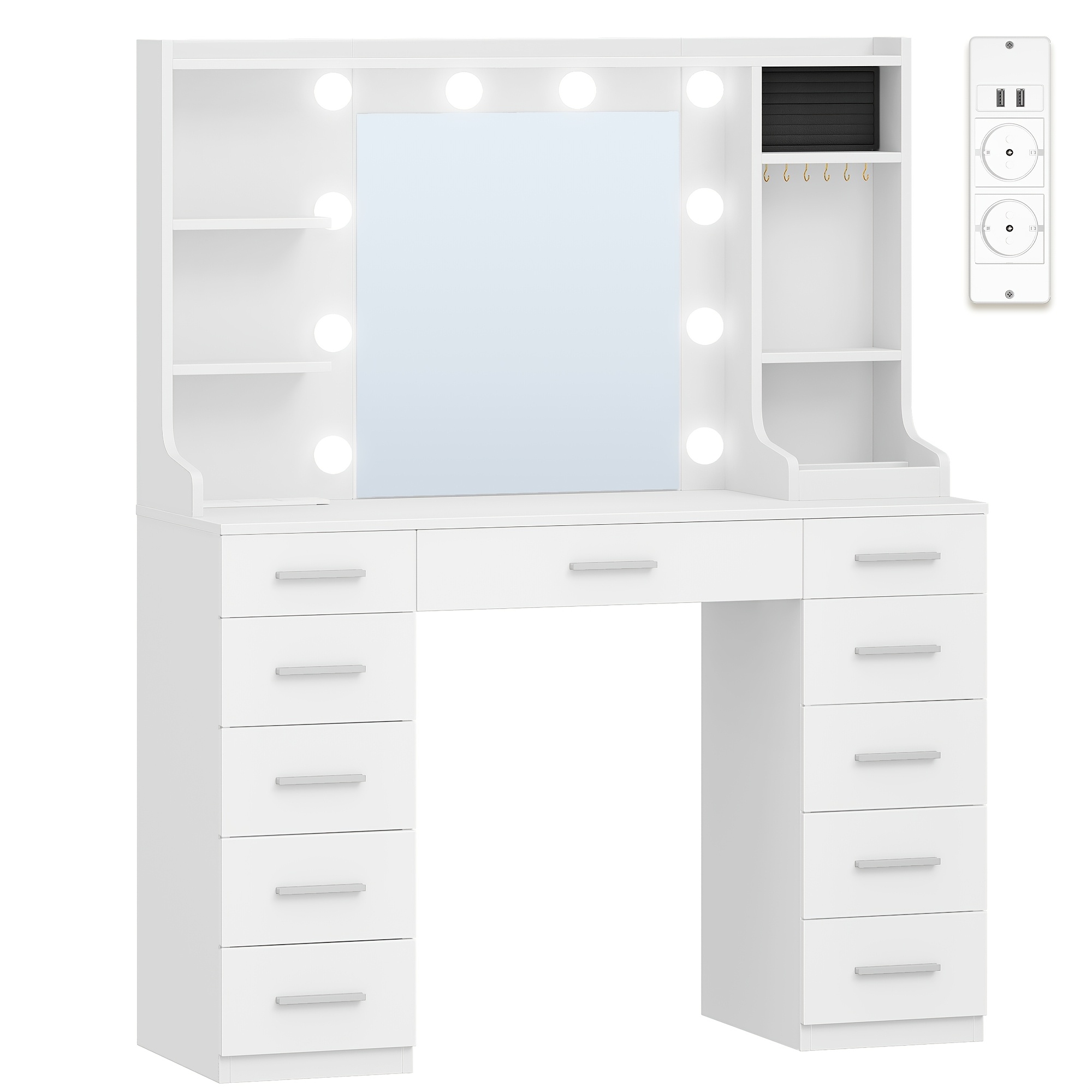 Image of Large Jewelry Storage Cabinet With Led Lighting, Jewelry Storage Cabinet With Mirror, Vanity Table With Power Outlets, 11 Drawers And 6 Jewelry Hooks, Suitable For Bedroom, Living Room, White