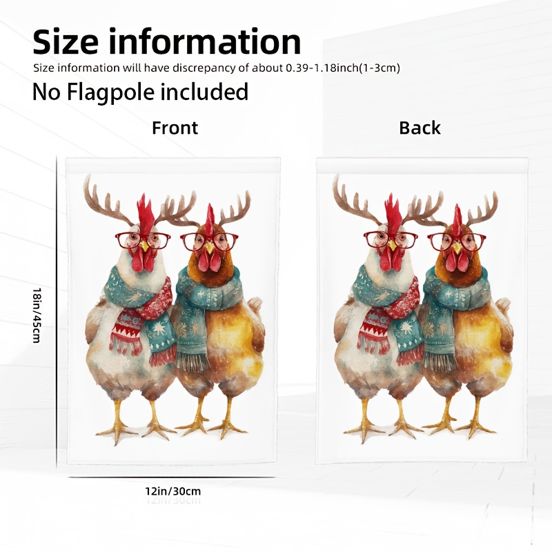 TEMU 1pc Of Double-sided Christmas Garden Flag Featuring Chickens With Antlers And Scarves In A Bright Watercolor Design, Ideal For Outdoor Yard