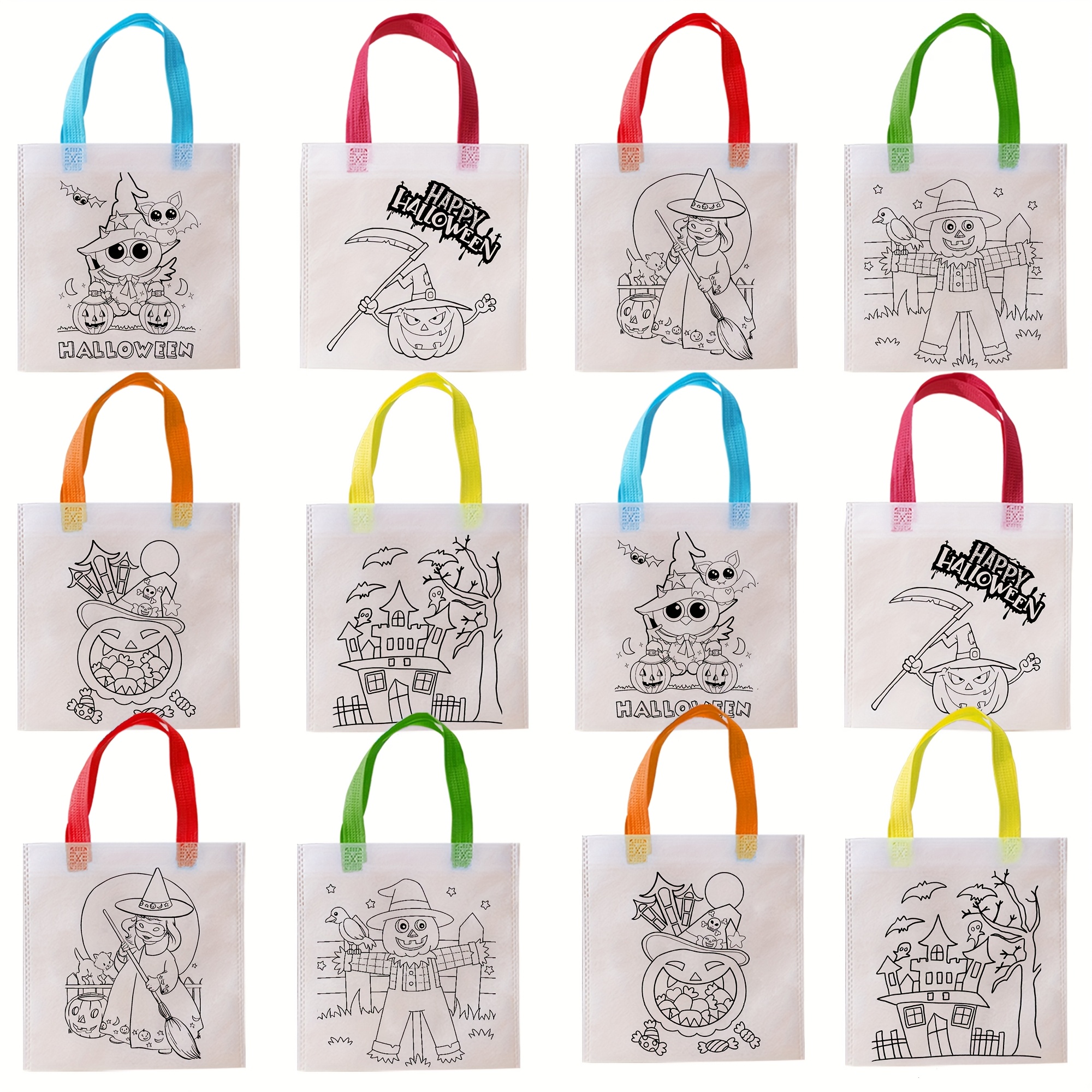 12 Halloween Goodie Bags, Measuring 21x21 Cm, White Gift Bags Featuring 6 Unique Doodle Designs, Colorful Party Gifts, Perfect For Halloween, Classrooms, And Trick-or-treating