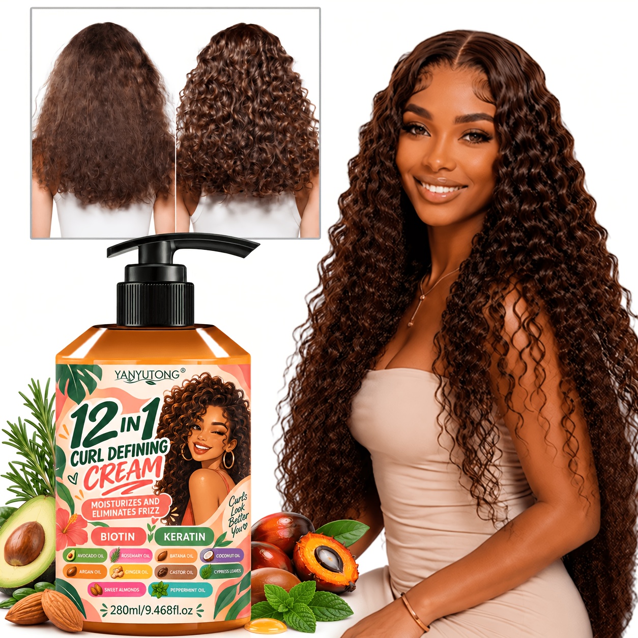 Image of 12-in-1 Defining Styling Cream With Rosemary, Batana & Argan Oil, 9.47oz, Plant-based Moisturizing Hair Cream For Wavy And Curly Hair, , Shine Enhancement, Long-lasting Hold And
