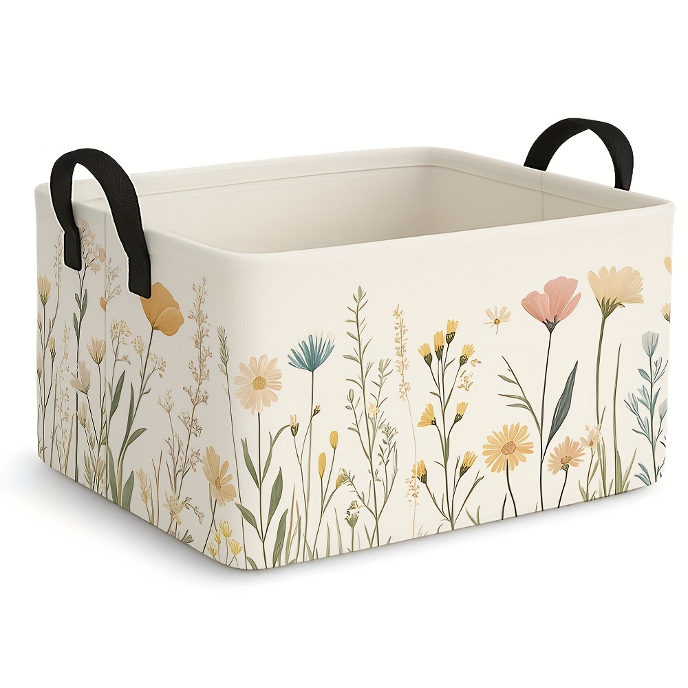 TEMU 1pc, Dokriy, Watercolor Floral Botanical Print Foldable Laundry Baskets With Handle, Large Capacity Home Organizer For Clothes, Blankets,