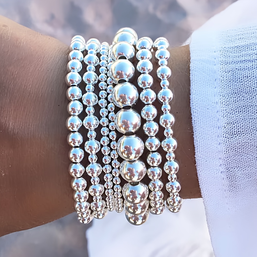 

7pcs Boho Chic Stacking Beaded Bracelet Set - Elegant Silvery Plastic, & Party Wear