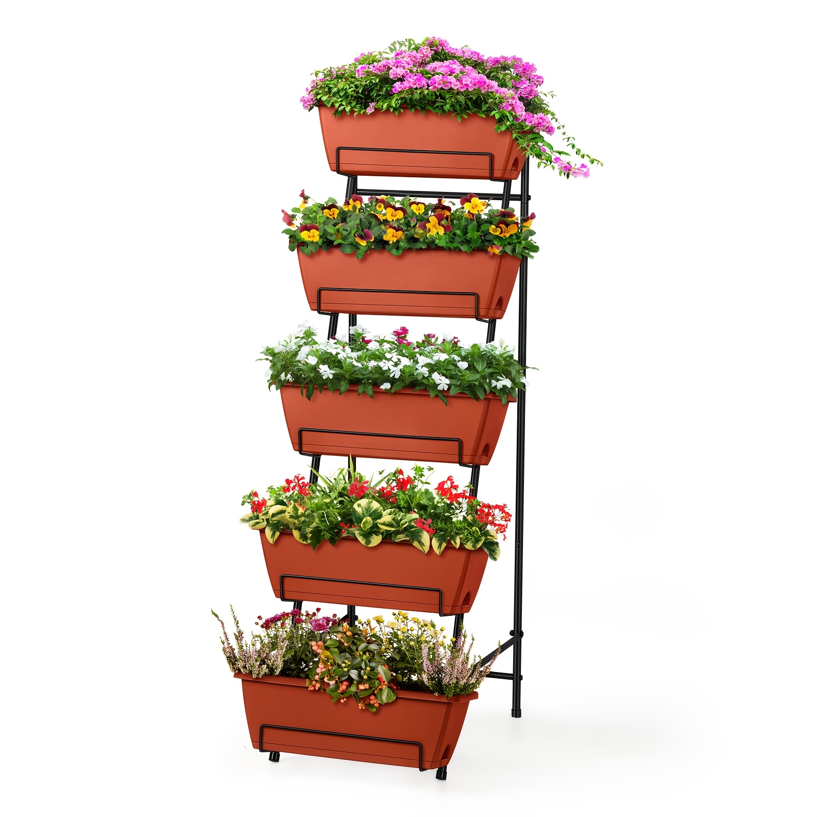 

5-tier Metal Vertical Garden Planter Stand, Polished , Tiered Shelf Design, With Drainage Holes, For Outdoor & , Patio, Balcony, Porch - No Electricity Or Battery Needed