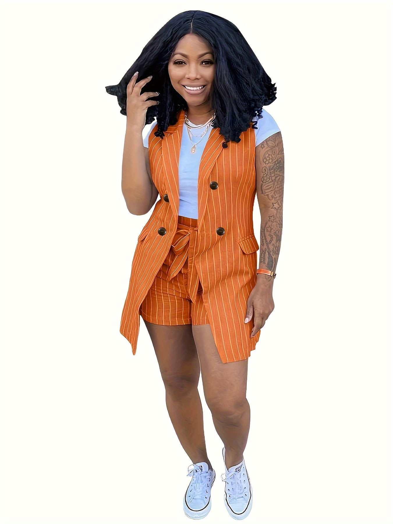 elegant womens plus size striped suit jacket vest short Temu Georgia