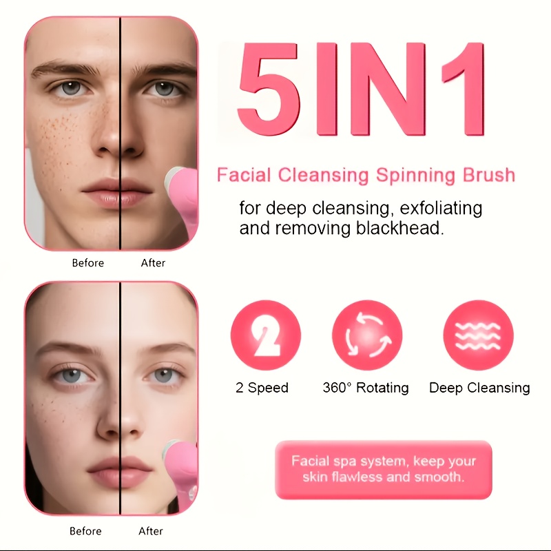 5 in 1 electric facial cleanser with vibration pore cleaning and soft play functions suitable for facial cleansing and beauty portable light beige care tool fashionable beauty gadget multi function brush attachment battery not included Product details 0