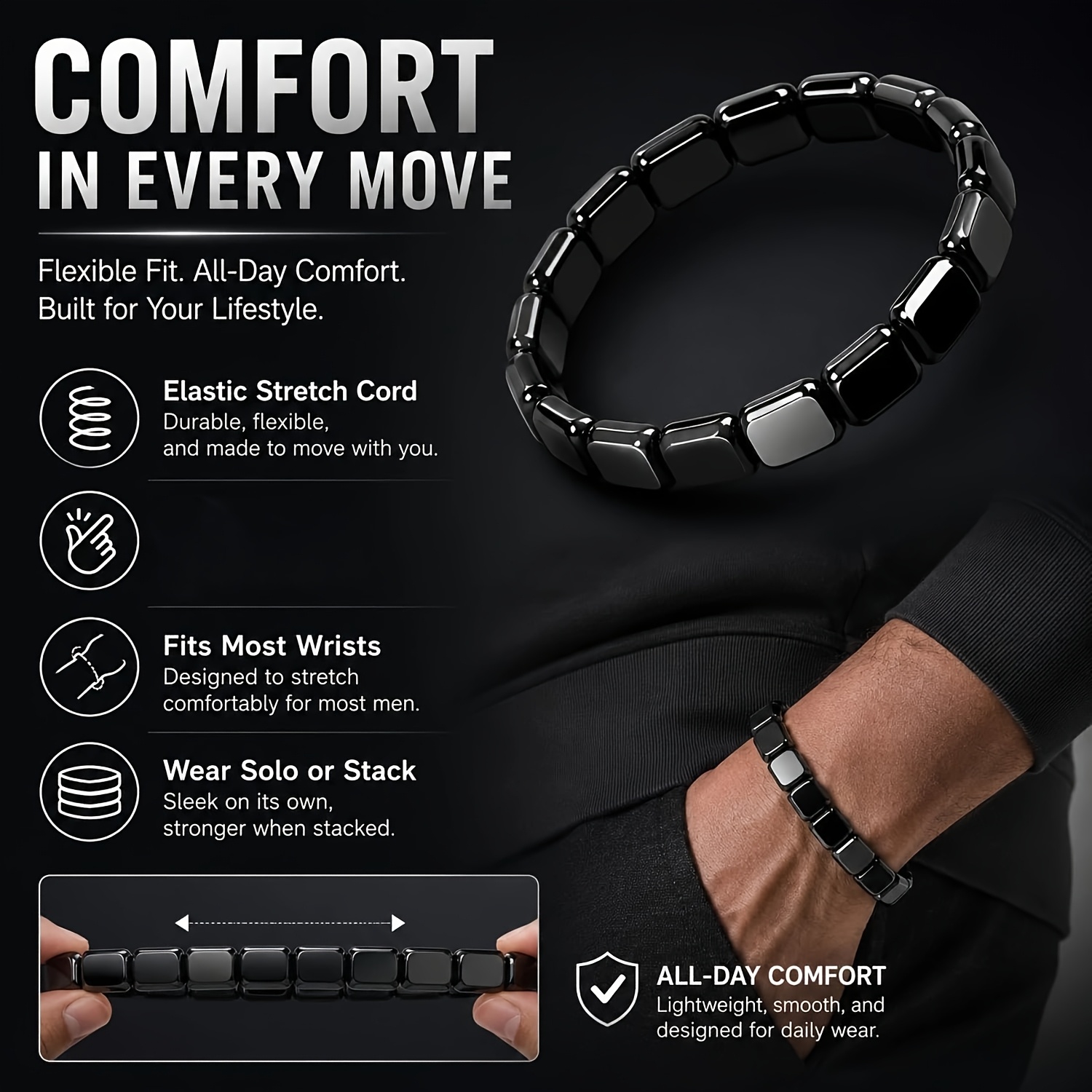 Men's Natural Hematite Bracelet with Eye Stone Beads
