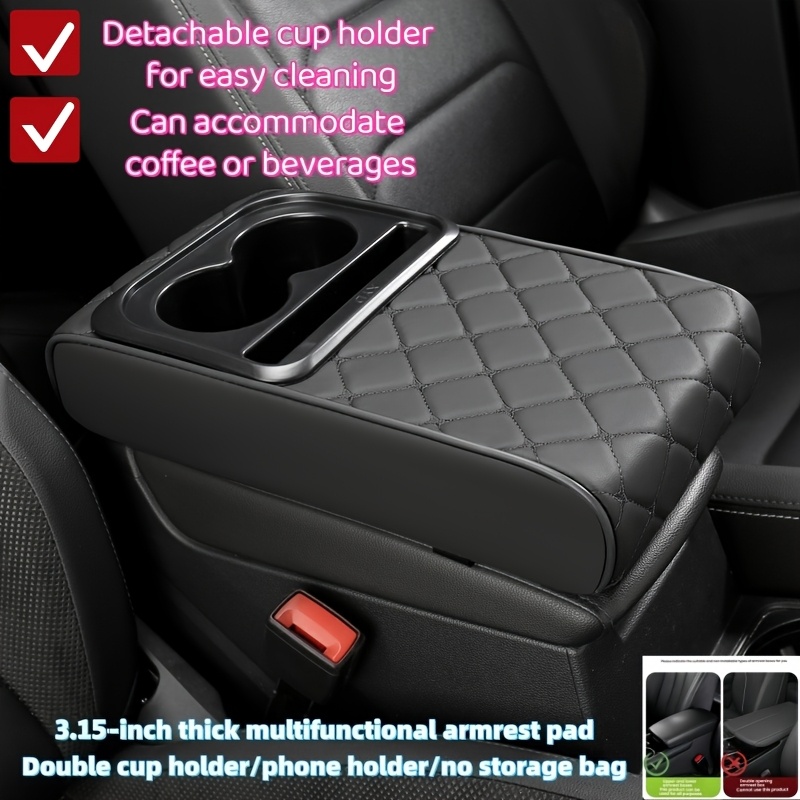 TEMU Car Detachable And Washable Coffee Cup Holder, 14in * 8in * 3in Armrest Pad, Center Console Pad, Pu Leather Embossed Diamond Pattern, Upgraded