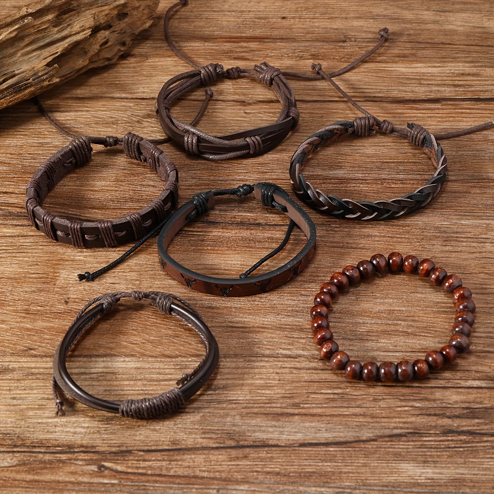 6pcs Vintage Men's Faux Leather Bracelet Set