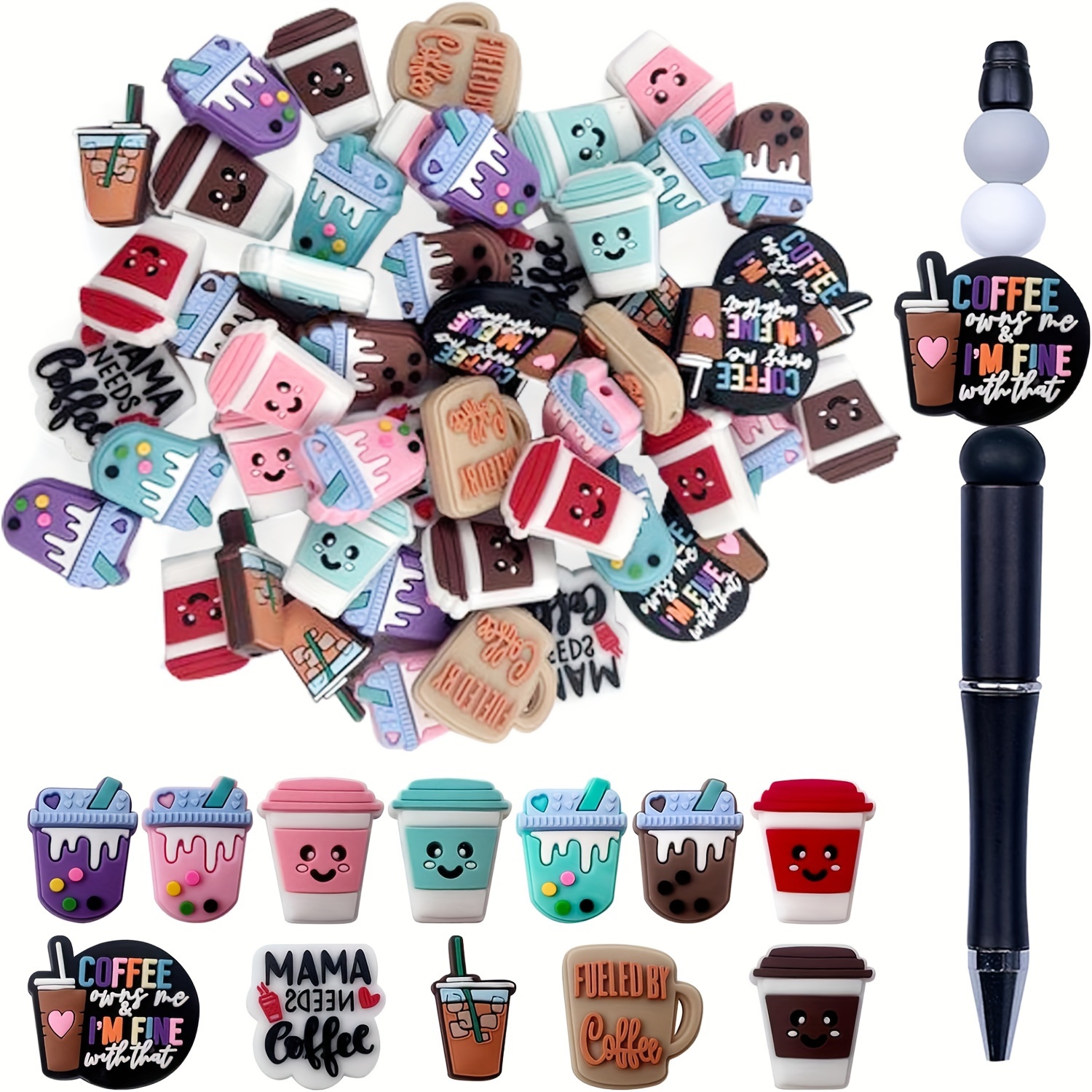 

48pcs Creative Coffee-themed Silicone Bead Kit Make Beaded Pen Handbag Decorative Accessories Diy Make Pendant Necklace Gift