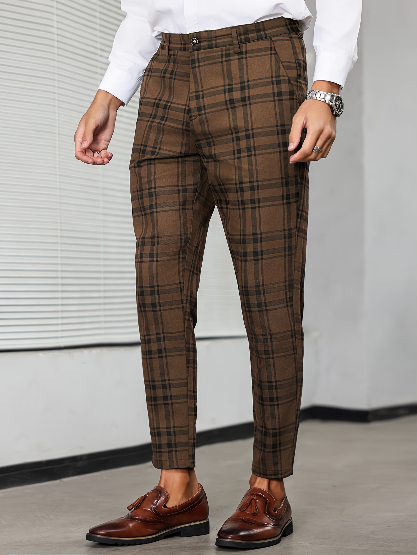 mens business casual fit checkered trousers long pants Temu