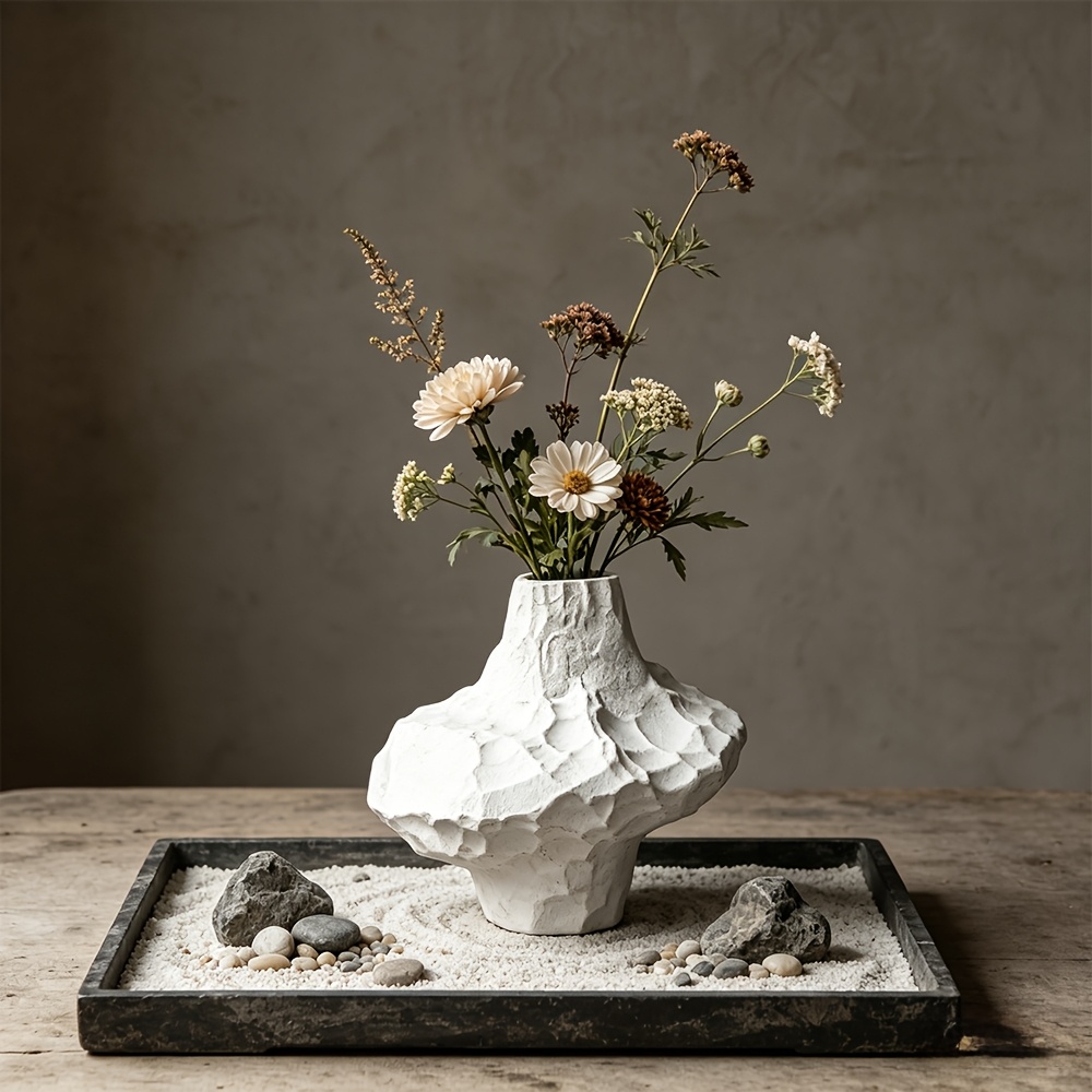 White Wabi-Sabi Ceramic Vase, Handmade Stone Texture Pottery, Matte Glaze Vessel for Living Room & Entryway, Hydroponic & Dried Flowers, Retro Home Decor for B&B & Tea House