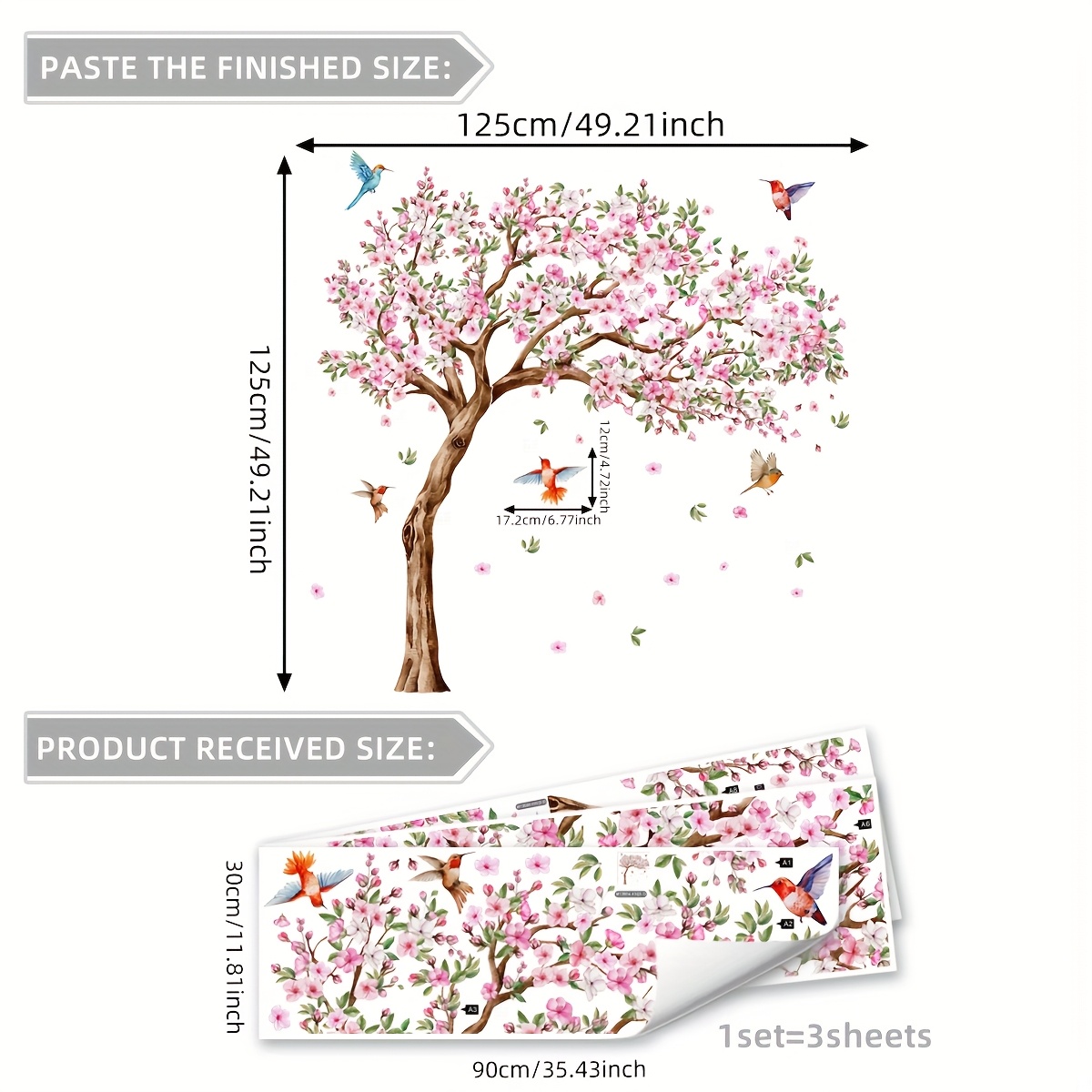 Image of A Set Of 3 Large Tree And Peach Wall Stickers For Bedroom And Living Room Background Wall, Self-adhesive Home Decoration Stickers, Model M13584-kn