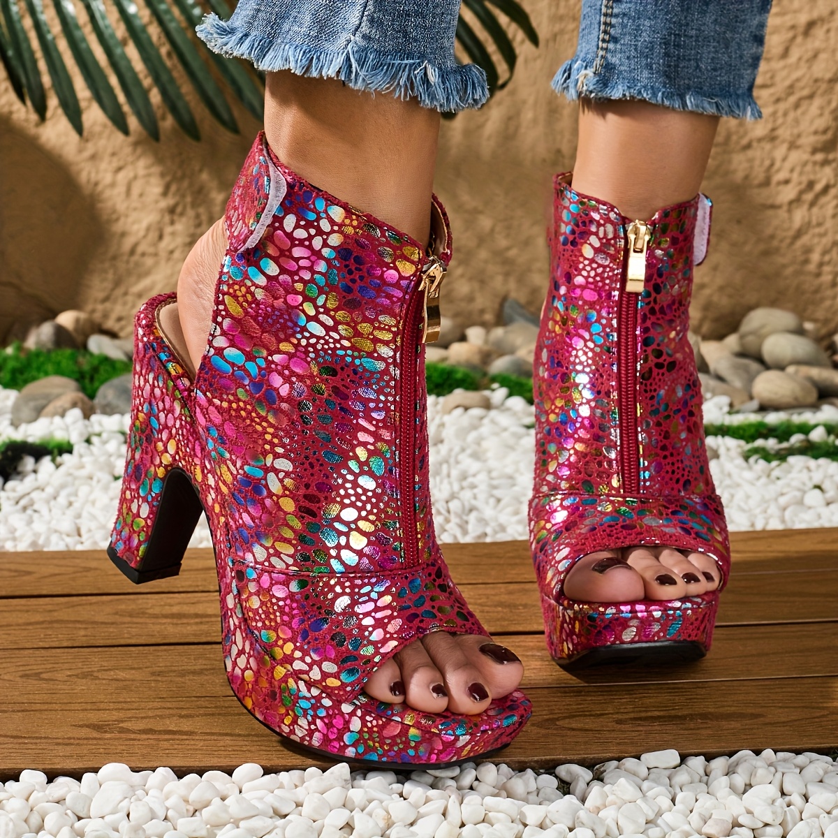 elegant womens high heeled open toe sandals with a high top zipper featuring a printed ethnic style and square toe design suitable for weddings banquets parties and any occasion for wearing high heels women shoes Product details 7