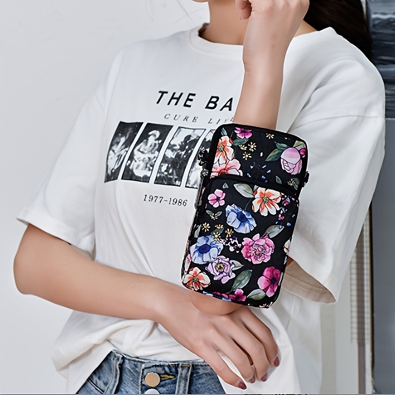 

1pc Sac Bandoulière Mini Floral pour Téléphone pour Femmes - Pochette de Bras en Polyester Noir Élégante avec Motif de Fleurs Rose, Vibrant, pour Décontractées, la Danse & l' , Sac à Téléphone