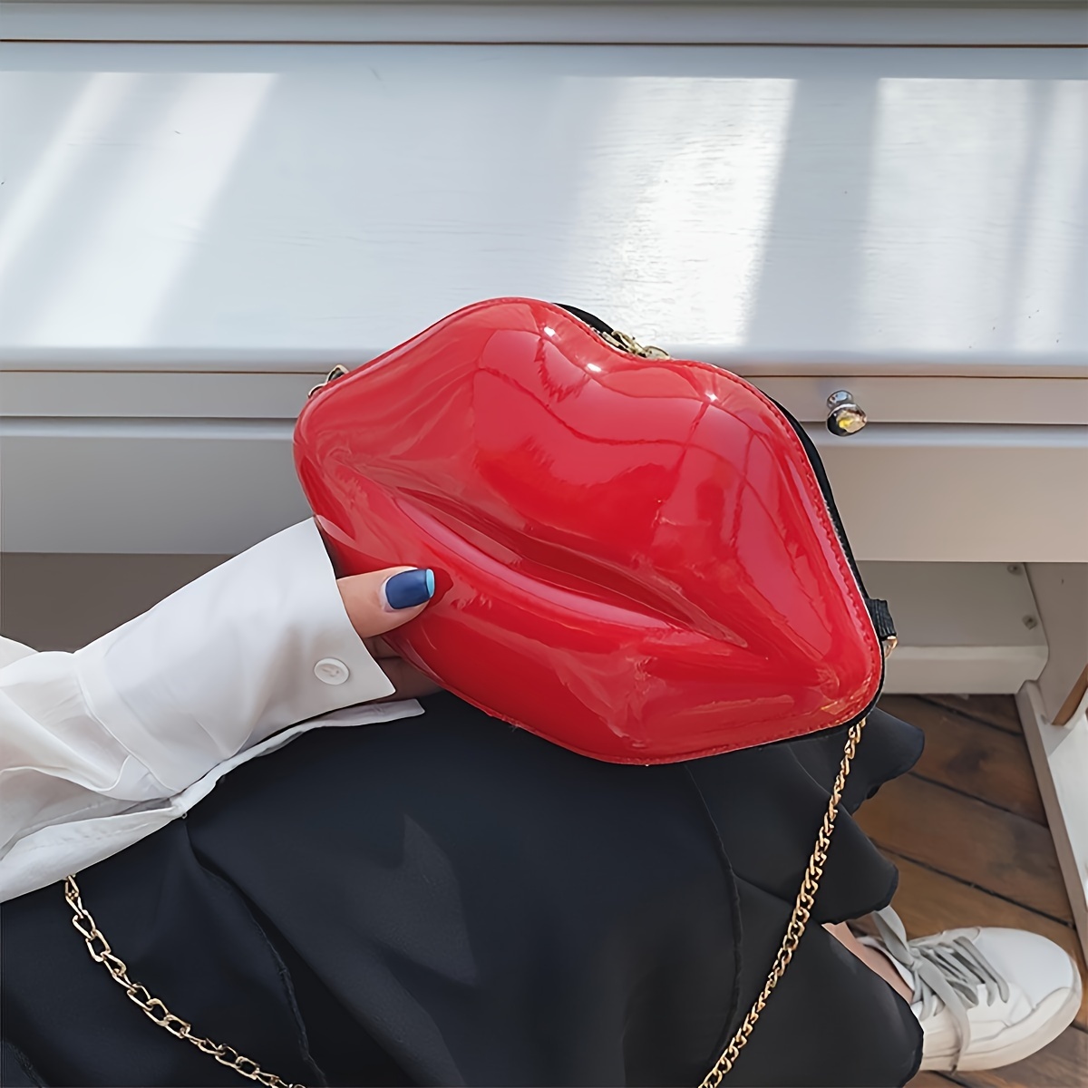 TEMU Red Lip Shaped Unique Style Glossy Shoulder & Crossbody Bag, Fashion Small Handbag With Strap For Women