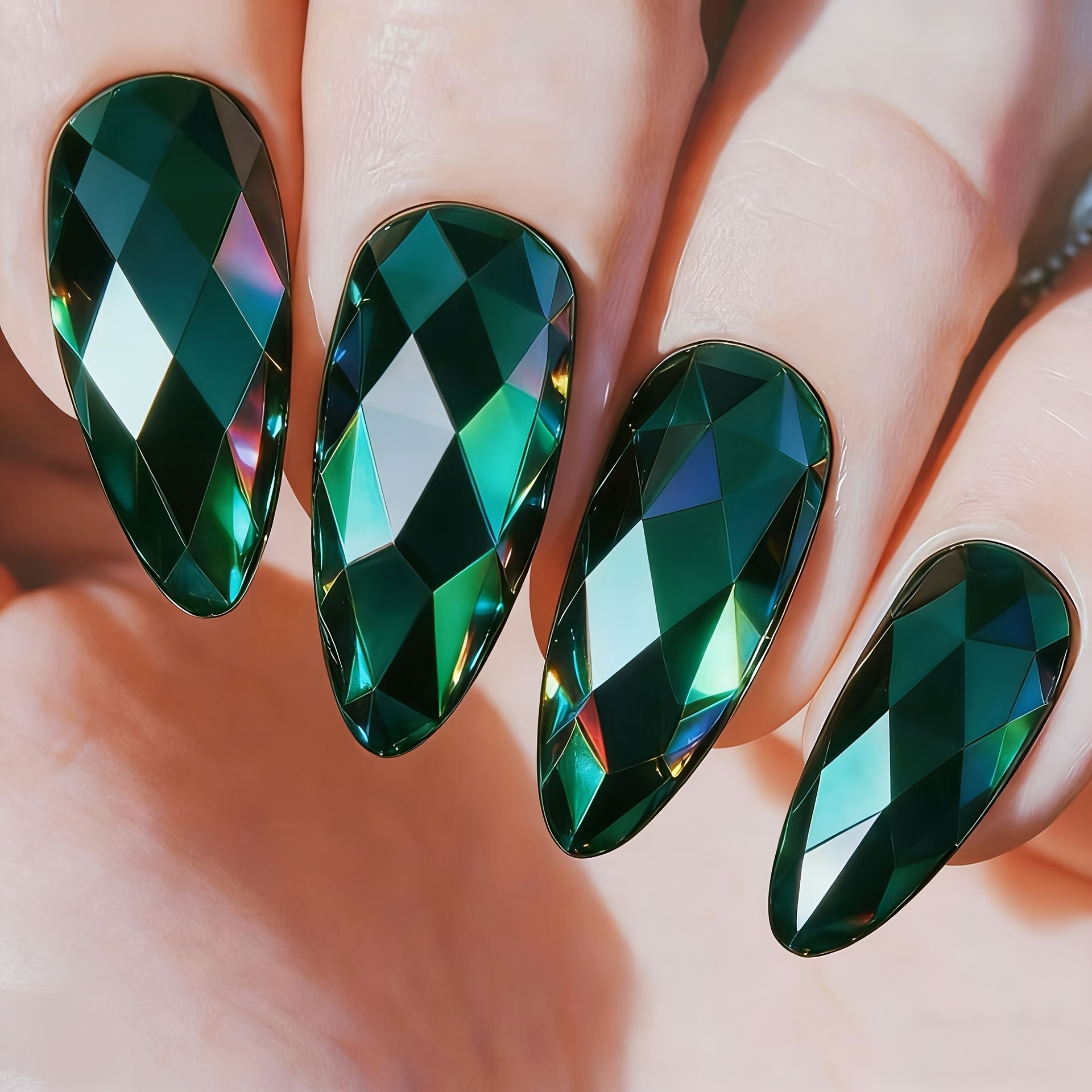 TEMU 24 uñas postizas verdes de presión para manos y pies - Forma de de media, desmontables, puntas esféricas romboidales electrochapadas, de uñas