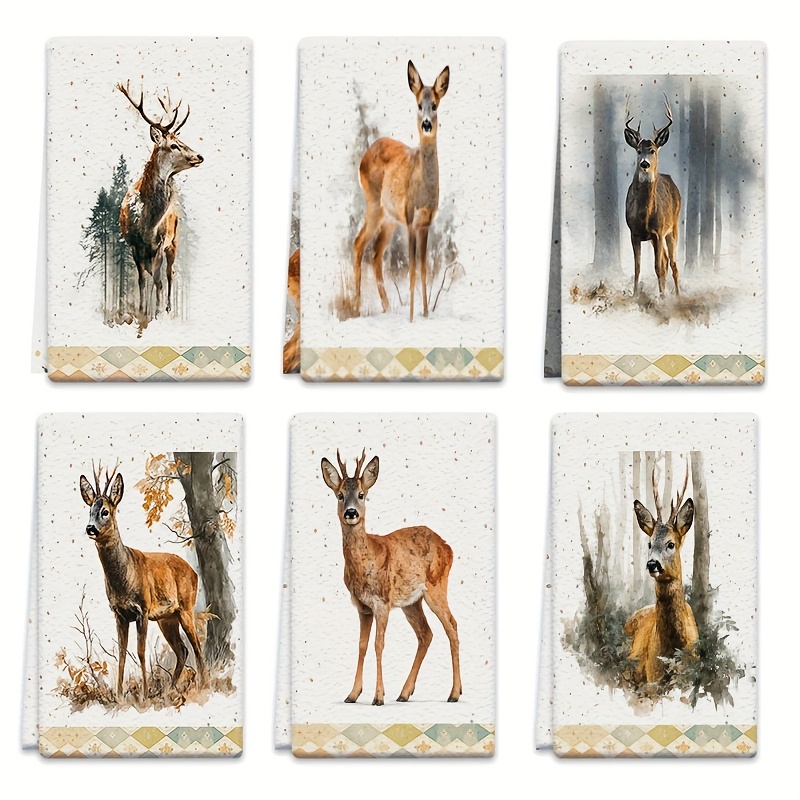 TEMU 6pcs Dish Towels Set, 18x26 Inches, Deer & Forest Design, Ultra-absorbent Microfiber Kitchen Hand Towels For Cooking, Baking, Bathroom Cleaning,
