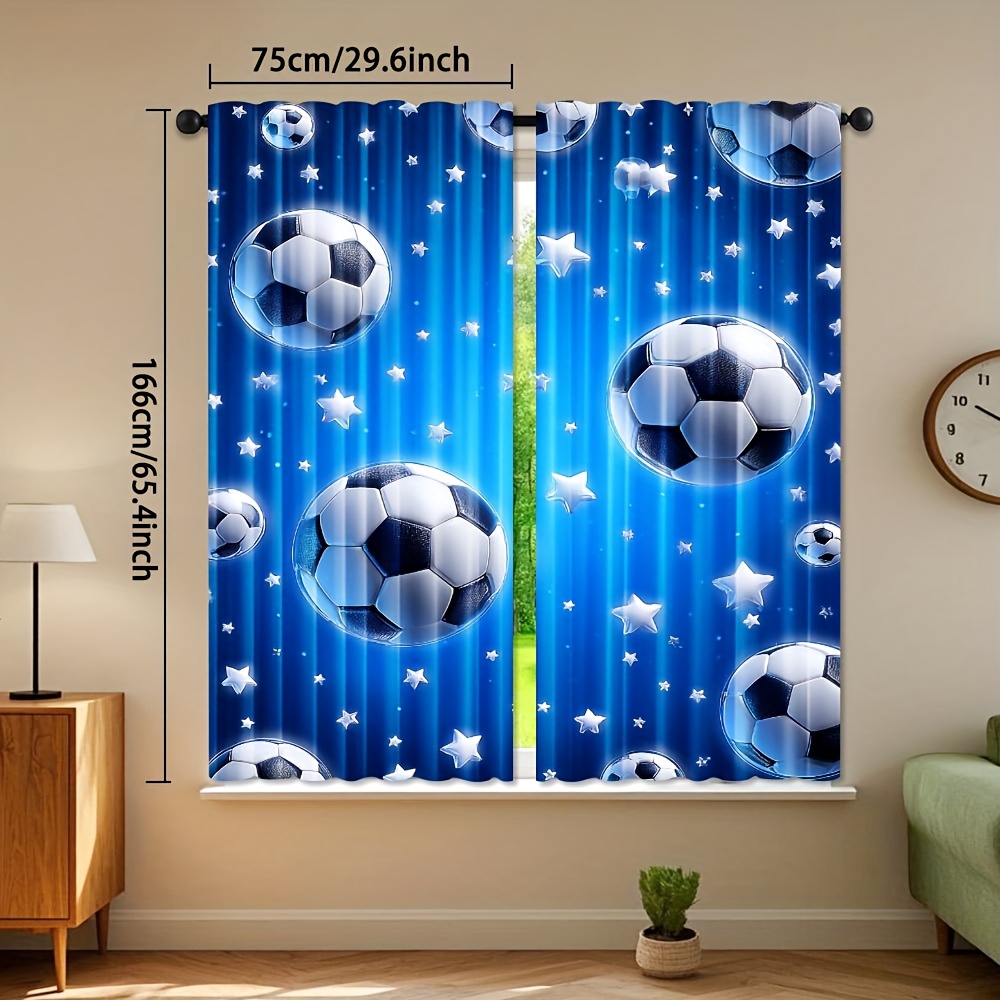 TEMU 2pcs, Rideaux Motif Ciel Étoilé Footballeur, Passe-Tringle, Polyester, Rideaux Décoratifs Lavables en Machine, Traitements pour Chambre Salon,