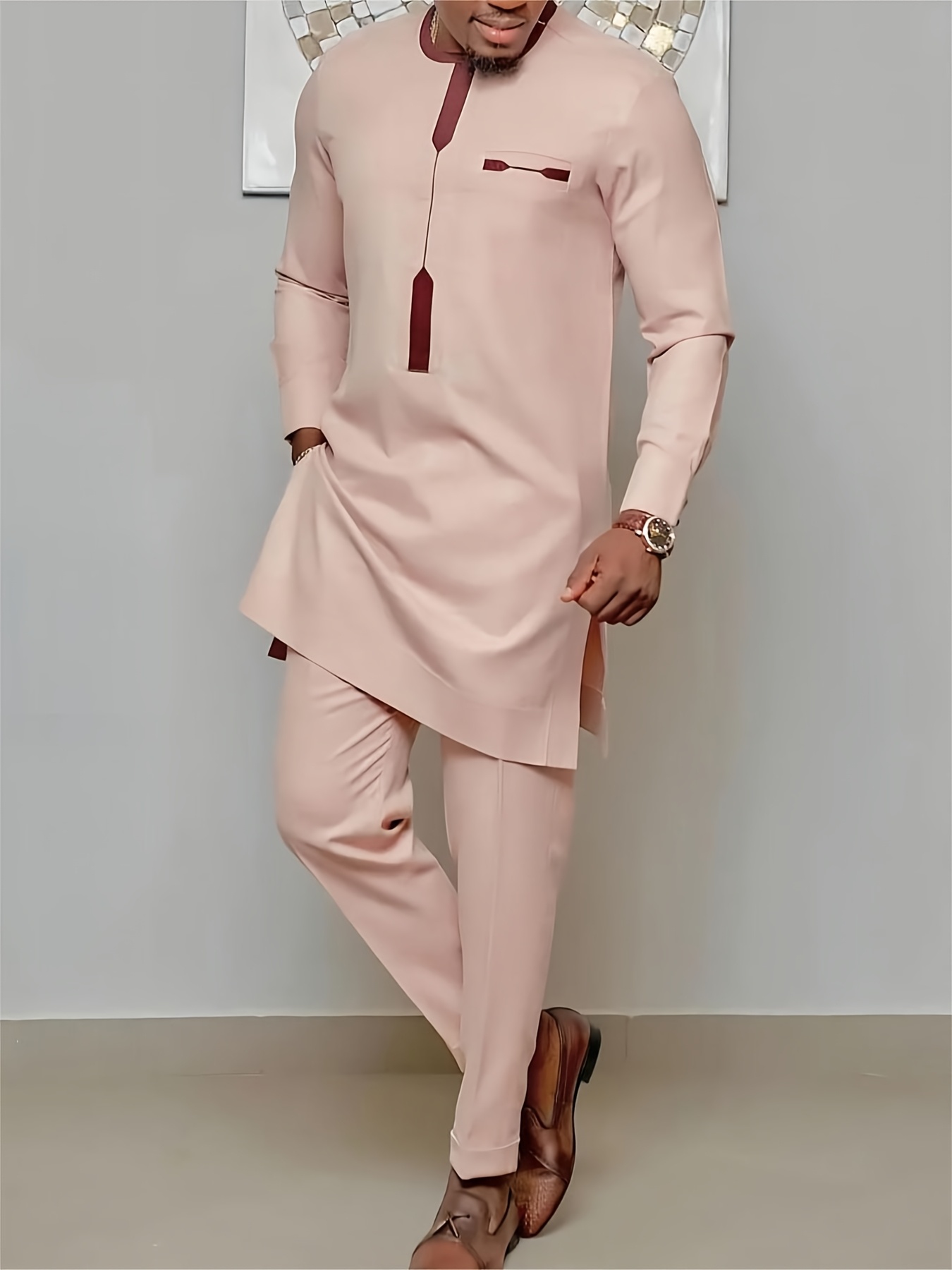 Two-Piece Set Featuring a Printed Shirt with a Hem Slit And Rubber Pants, Designed in an African Ethnic Style for Men