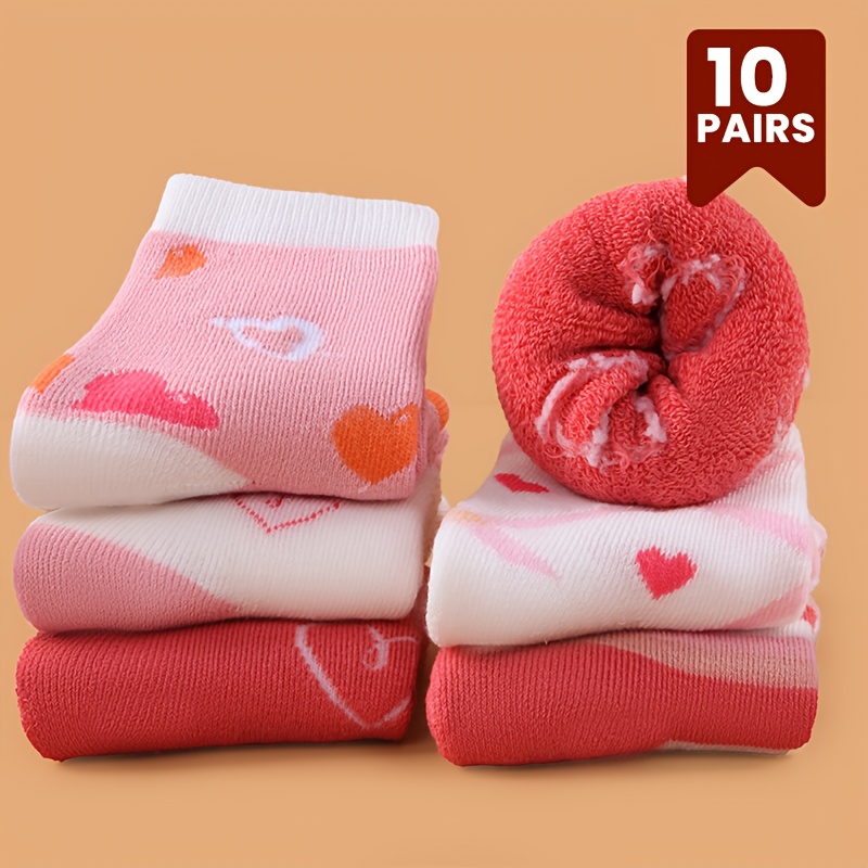 Image of 10 Pairs Of Girls' Thickened Socks, Autumn And Winter -lined Warm Socks, Children's Mid-calf Terrycloth Socks With Heart Pattern, Suitable For Outdoor Use