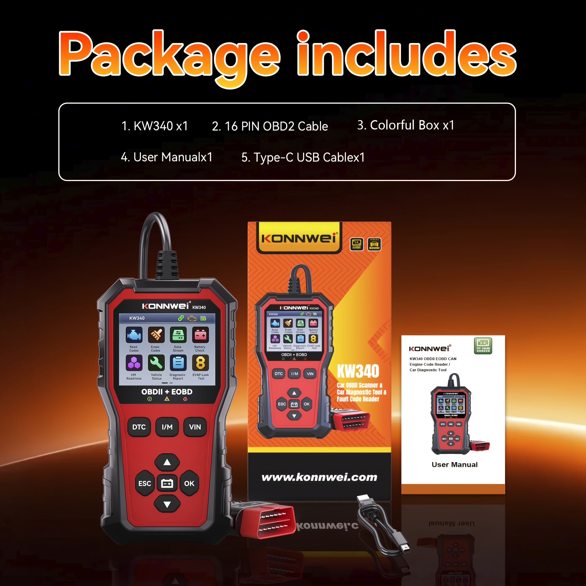 Konnwei Kw340 Universal Scanner Car Diagnostic Code Reader, Engine Fault Scanner With Live Data, Keys, Freeze Frame, I/m Readiness Test For Cars