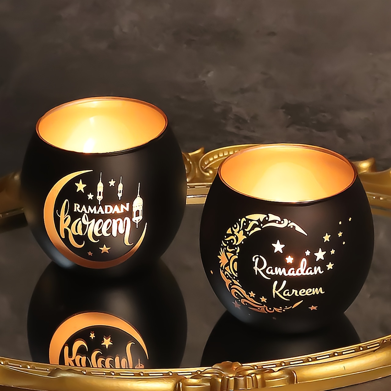 

2pcs Vintage Glass Ramadan Candle Holders - Lacquered , Tabletop Moon , Eid Al-fitr Decor, No Electricity Or Battery Needed, Ideal For Home & Party Decorations - Ramadan (candles Not Included)