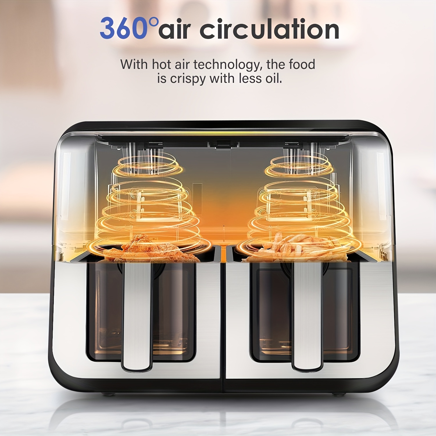 Easy-View Window 6L Air Fryer, New Large Capacity, Touch Screen, Multifunction, Mini Oven, Touch Controls with 6 Presets, Nonstick & Dishwasher Safe Basket, FULL GLASS BASKET- Black, Chicken, Crisps, Broils, Roasts, Dehydrates, Bakes, Reheats